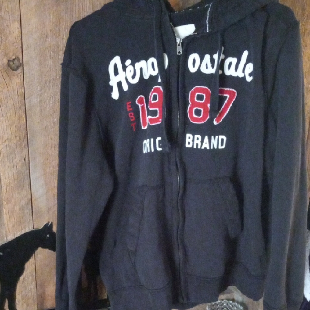 Aeropostale Black Zip-Up Hoodie with Red and White Details